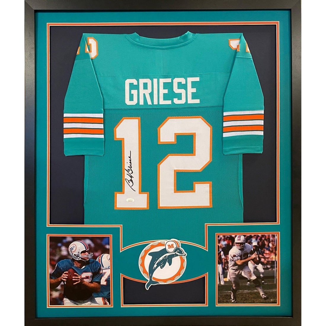 Bob Griese Miami Dolphins Signed Framed Jersey JSA Authenticated 42x34: Bob Griese Miami Dolphins Signed Framed Jersey JSA Authenticated 42x34 Display your passion for football with this autographed Bob Griese framed jersey from the Miami Dolphins. Authentically signed by