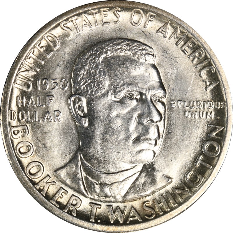 1950 San Francisco Silver Half Dollar Booker T Washington Commemorative Coin: 1950 San Francisco Silver Half Dollar Booker T Washington Commemorative Coin This 1950-S Booker T. Washington commemorative half dollar is a circulated coin composed of silver with a fineness of 0.9.