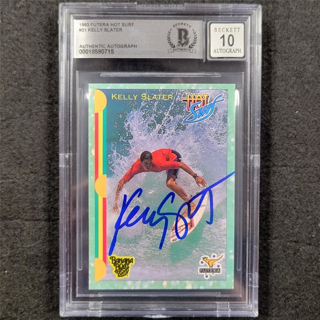 1993 Kelly Slater Rookie Card Signed Beckett BAS 10: 1993 Kelly Slater Rookie Card Signed Beckett BAS 10 This is a vintage 1993 Futera Hot Surf #31 rookie trading card featuring the legendary surfer Kelly Slater. The card is hard signed by Slater and au