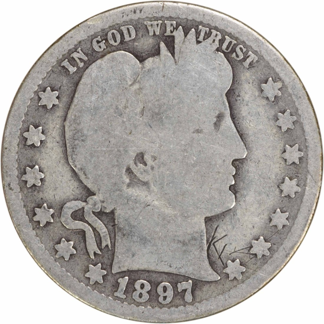 1897-O Barber Silver Quarter 25C G Uncertified Coin: 1897-O Barber Silver Quarter 25C G Uncertified Coin This 1897-O Barber Silver Quarter features a classic design by Charles E. Barber. Minted in New Orleans, this coin is circulated and carries a grade