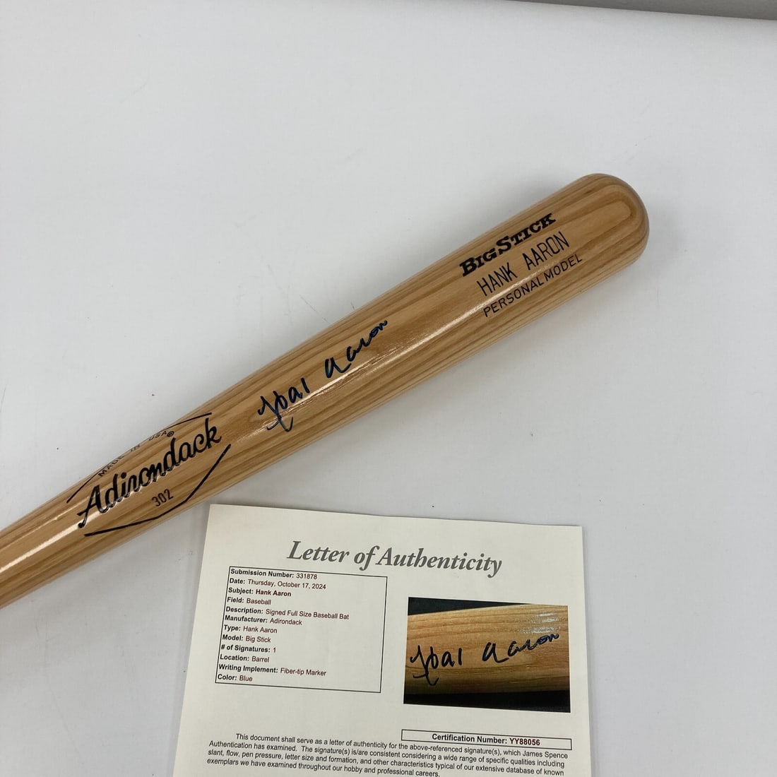 Hank Aaron Signed Adirondack Baseball Bat JSA Authenticated: Hank Aaron Signed Adirondack Baseball Bat JSA Authenticated This is an original Hank Aaron signed Adirondack game model baseball bat, authenticated by James Spence Authentication (JSA). The bat is a r
