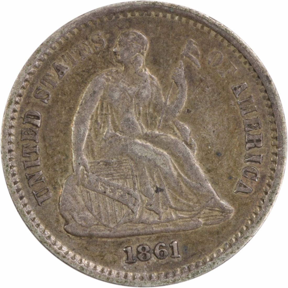 1861 Liberty Seated Half Dime EF Uncertified 90% Silver Coin: 1861 Liberty Seated Half Dime EF Uncertified 90% Silver Coin This 1861 Liberty Seated Silver Half Dime features a beautiful design by Christian Gobrecht, representing a significant piece of American n