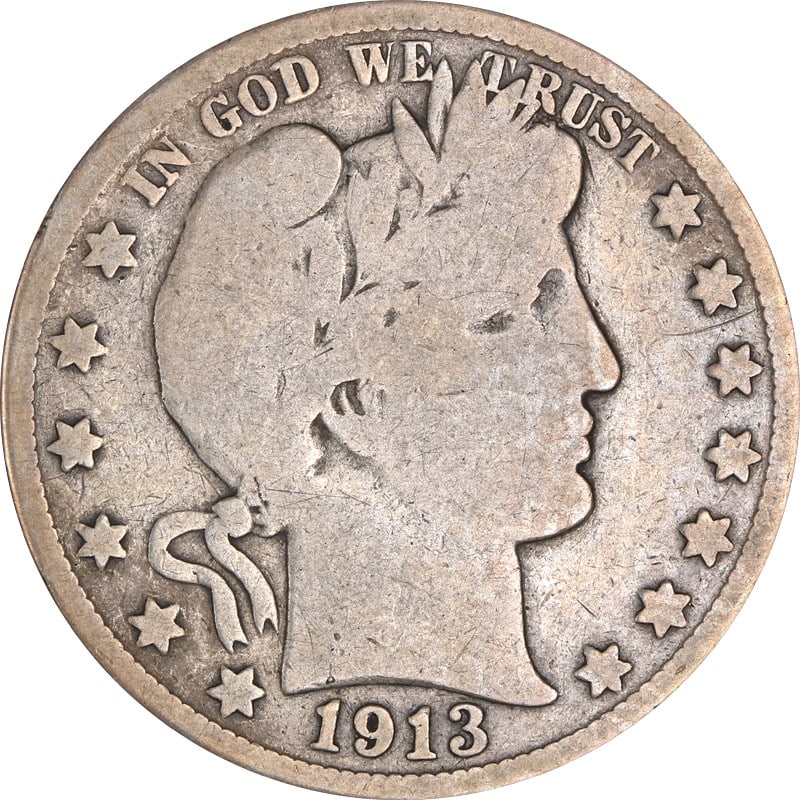 Silver 1913 Philadelphia Barber Half Dollar Coin United States: Silver 1913 Philadelphia Barber Half Dollar Coin United States This 1913-P Barber Half Dollar is a circulated, pre-owned coin minted in Philadelphia. Composed of silver, it represents early 20th-centu