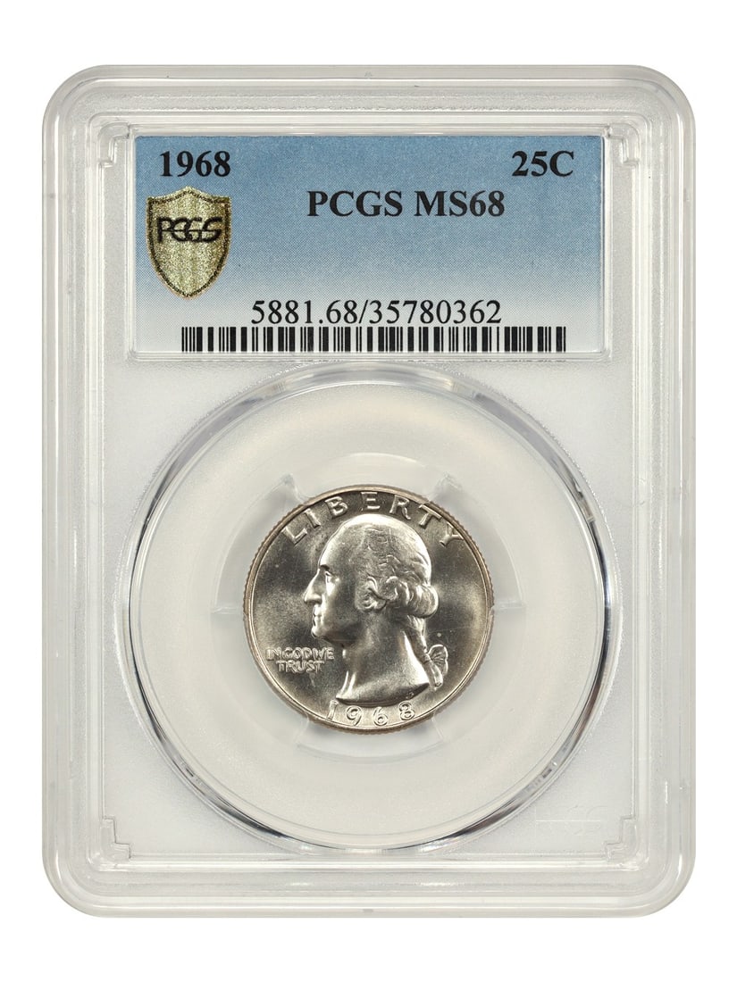 PCGS MS68 1968 Washington Quarter Uncirculated 25C Philadelphia: PCGS MS68 1968 Washington Quarter Uncirculated 25C Philadelphia This is a 1968 Washington Quarter graded MS68 by PCGS, originating from the Philadelphia Mint. The coin features light golden hues on th