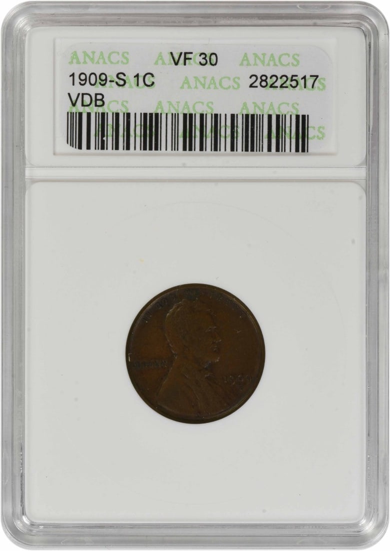 1909 San Francisco VDB Lincoln Wheat Cent Copper VF30 Certified by ANACS: 1909 San Francisco VDB Lincoln Wheat Cent Copper VF30 Certified by ANACS This is a 1909-S VDB Lincoln Wheat Cent graded VF30 by ANACS. Struck in copper at the San Francisco Mint, this pre-owned small