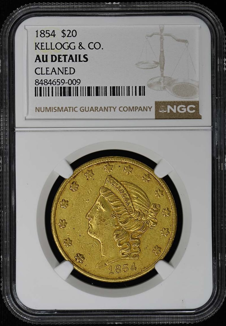 KELLOGG & CO. $20 1854 Territorial Gold Coin NGC AU Details: KELLOGG & CO. $20 1854 Territorial Gold Coin NGC AU Details This 1854 Kellogg & Co. $20 gold coin is a private territorial issue from the United States. Certified by NGC with an AU Details grade, this