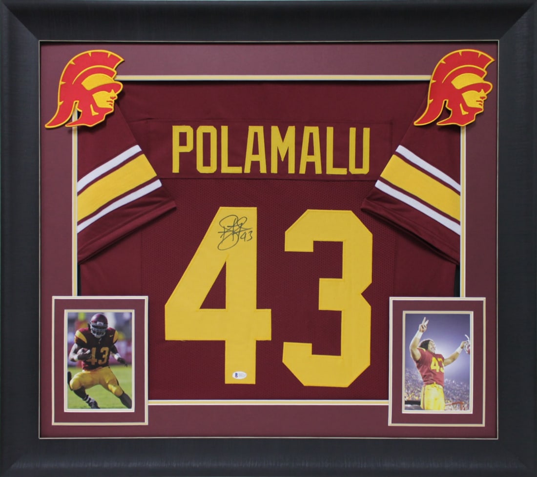 Troy Polamalu Signed USC Trojans Maroon Framed Jersey BAS Witnessed: Troy Polamalu Signed USC Trojans Maroon Framed Jersey BAS Witnessed Celebrate the legacy of Troy Polamalu with this authentic signed maroon Pro Style framed jersey from the USC Trojans. Personally sig