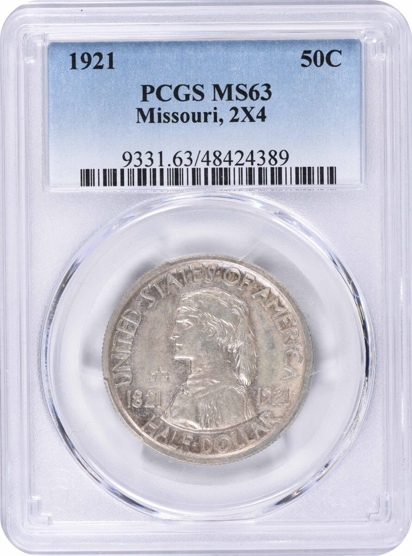 1921 Missouri 2x4 Commemorative Silver Half Dollar MS63 NGC: 1921 Missouri 2x4 Commemorative Silver Half Dollar MS63 NGC This Missouri 2x4 Commemorative Silver Half Dollar, minted in 1921, is a remarkable collectible coin. It features a stunning design by Rober