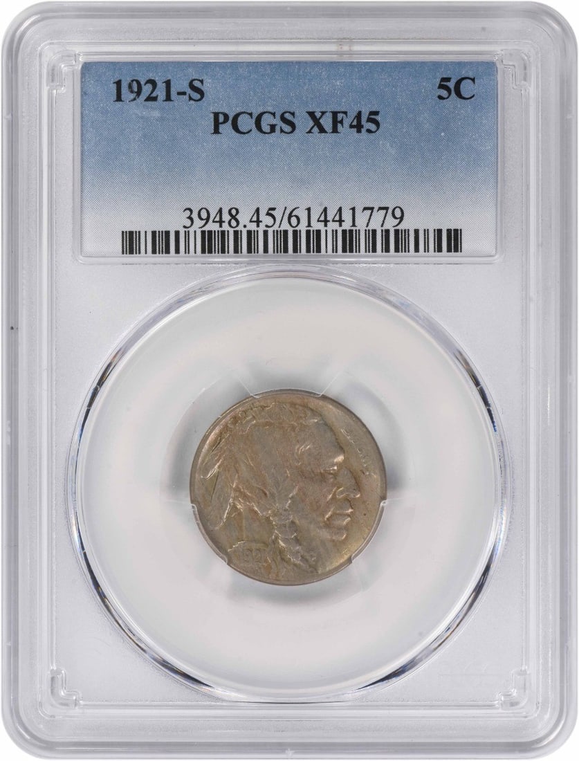 EF45 San Francisco 1921 Buffalo Nickel Graded by PCGS: EF45 San Francisco 1921 Buffalo Nickel Graded by PCGS This 1921-S Buffalo Nickel has been certified by PCGS with a grade of EF45, indicating it is a circulated coin in extra fine condition. Minted in