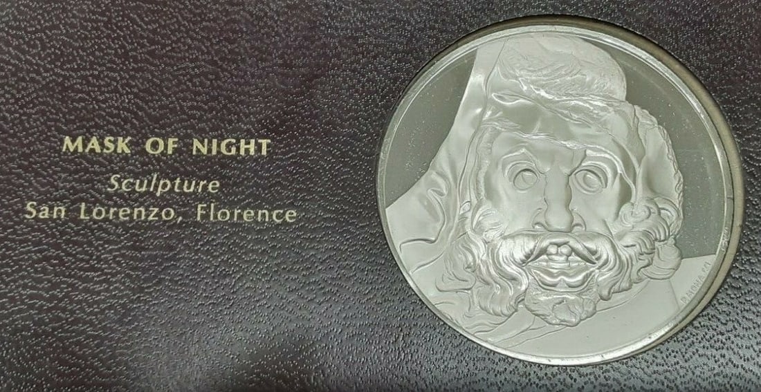 Mask of Night Sterling Silver Medal Franklin Mint Michelangelo Series: Mask of Night Sterling Silver Medal Franklin Mint Michelangelo Series This Franklin Mint Genius of Michelangelo proof medal, titled 'Mask of Night,' was produced in 1970 in the United States. Part of