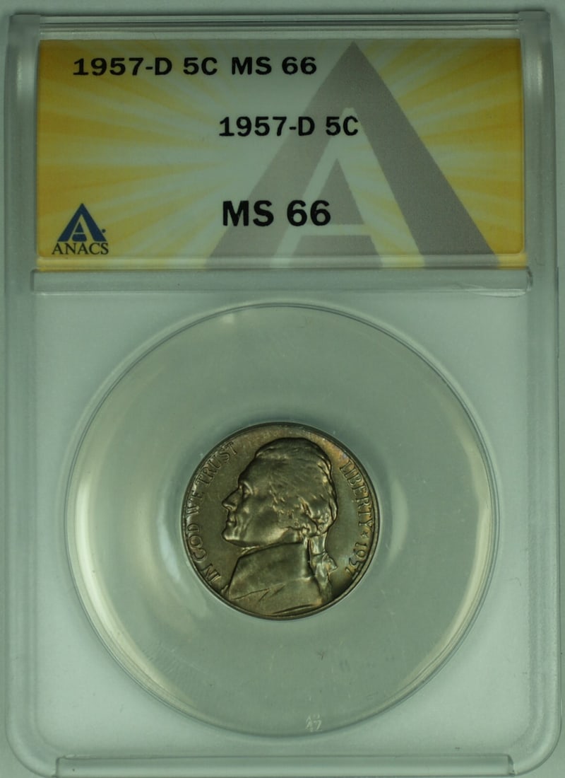 ANACS MS 66 1957-D Jefferson Nickel Five Cent Uncirculated Coin: ANACS MS 66 1957-D Jefferson Nickel Five Cent Uncirculated Coin This is a 1957-D Jefferson Nickel with a denomination of 5 cents from the United States. The coin is uncirculated and has been certified