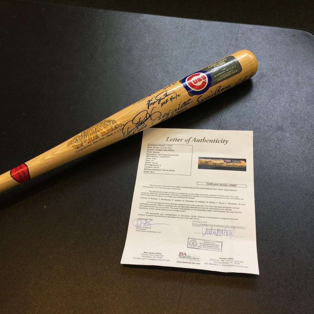 Chicago Cubs Hall of Fame Legends Signed Bat with JSA COA: Chicago Cubs Hall of Fame Legends Signed Bat with JSA COA This original Chicago Cubs bat from the Cooperstown Collection is a remarkable piece of baseball memorabilia, featuring the signatures of nine