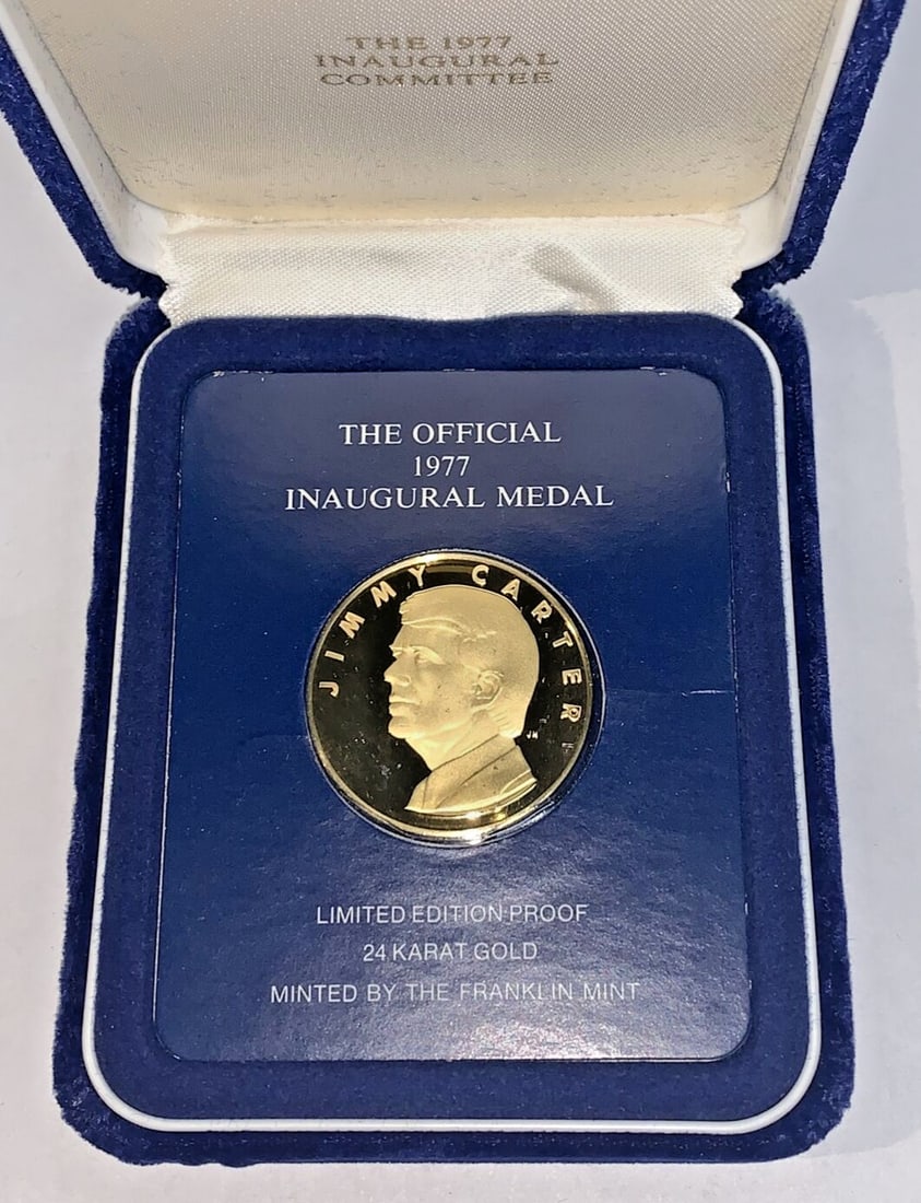 Jimmy Carter 1977 24KT Gold Inaugural Proof Medal Limited Edition: Jimmy Carter 1977 24KT Gold Inaugural Proof Medal Limited Edition This is a 1977 Franklin Mint Jimmy Carter 24 KT Gold Inaugural Medal, released as a limited edition proof. Crafted in the United State