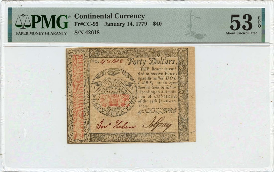1779 $40 Continental Currency PMG AU53 EPQ Historic Note: 1779 $40 Continental Currency PMG AU53 EPQ Historic Note This is a beautifully preserved $40 Continental Currency note, dated January 14, 1779. Graded by PMG as AU53, this note showcases a high level