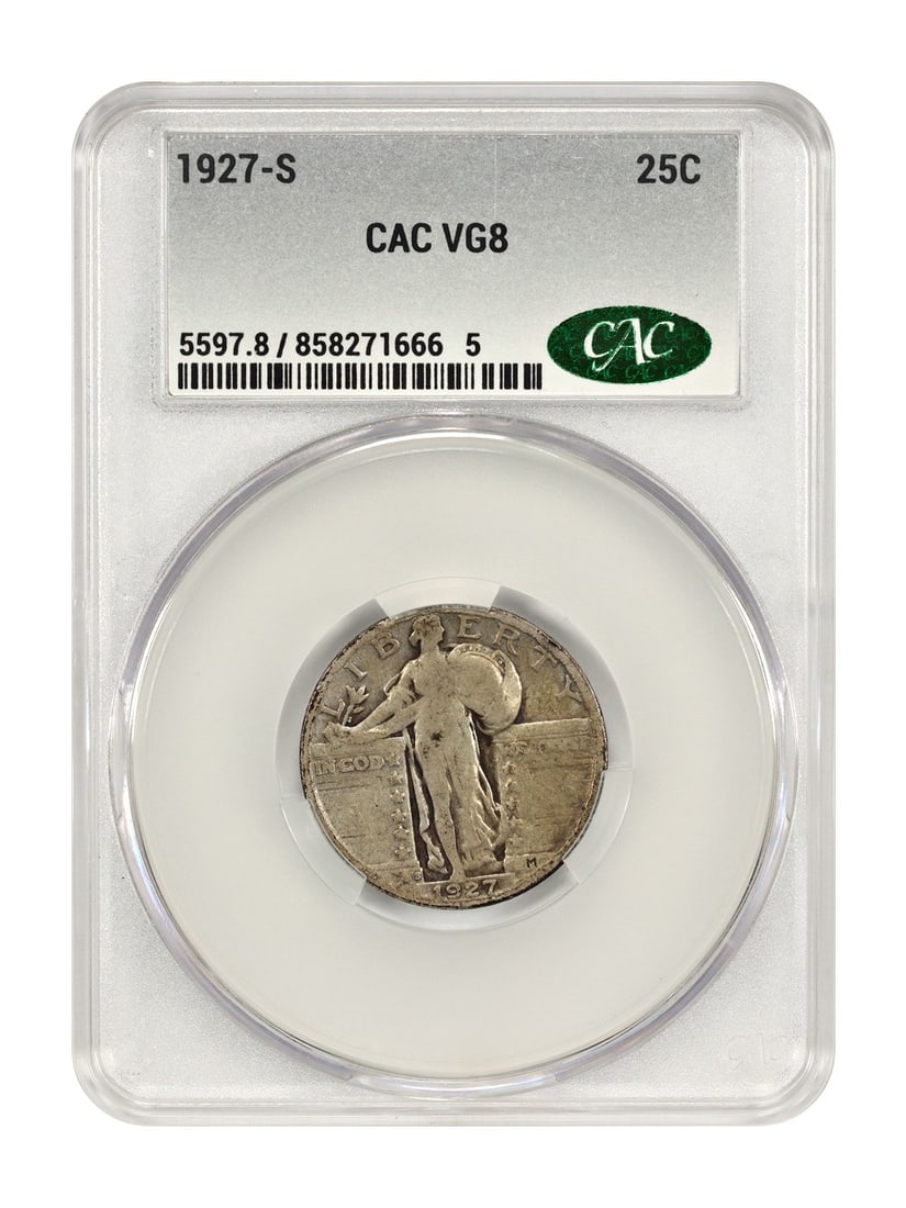 1927-S Standing Liberty Quarter CACG VG08 Key Date Coin: 1927-S Standing Liberty Quarter CACG VG08 Key Date Coin This 1927-S Standing Liberty Quarter is a key date coin, certified by CACG with the certification number 858271666. It is a circulated piece, gr