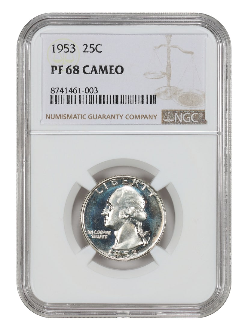 1953 Washington Quarter NGC PR68 Cameo Proof 25C Philadelphia: 1953 Washington Quarter NGC PR68 Cameo Proof 25C Philadelphia This 1953 Washington Quarter is graded PR68CAM by NGC, indicating a proof coin with cameo contrast in exceptional, uncirculated condition.