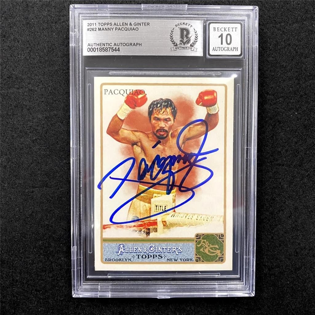 2011 Topps Allen Ginter Manny Pacquiao Rookie Card BAS 10 Auto Signed: 2011 Topps Allen Ginter Manny Pacquiao Rookie Card BAS 10 Auto Signed This 2011 Topps Allen & Ginter #262 rookie card features a hard-signed autograph from boxing legend Manny Pacquiao. The card is au