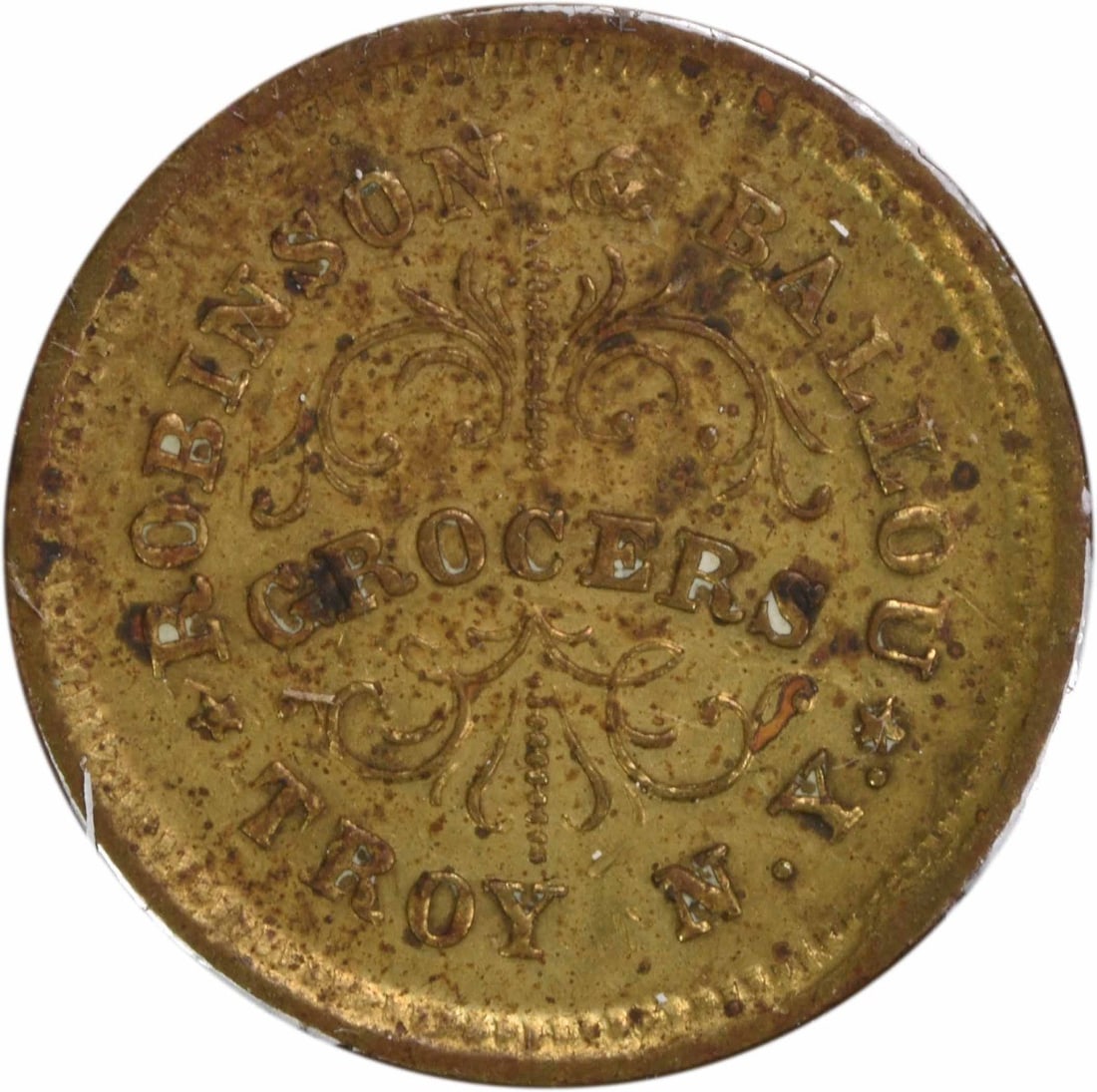 Robinson and Ballou 1863 Civil War Store Card Token NY-890-E: Robinson and Ballou 1863 Civil War Store Card Token NY-890-E This is an 1863 Civil War store card token issued by Robinson & Ballou in New York, identified as NY-890-E. The token is circulated and ori