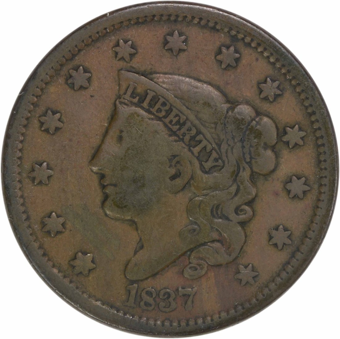 1837 Philadelphia Large Cent Coronet Head Uncertified Coin: 1837 Philadelphia Large Cent Coronet Head Uncertified Coin This 1837 Large Cent features the Coronet Head design, created by the renowned designer Gobrecht. Struck in copper at the Philadelphia mint,