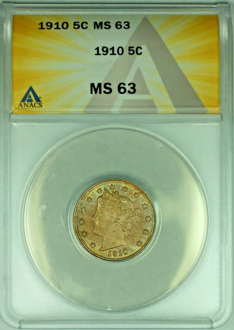 ANACS MS 63 Graded 1910 Liberty V Nickel Toned Five Cent Coin: ANACS MS 63 Graded 1910 Liberty V Nickel Toned Five Cent Coin This 1910 Liberty V Nickel has been graded MS 63 by ANACS and features attractive toning. It is an uncirculated coin from the United State