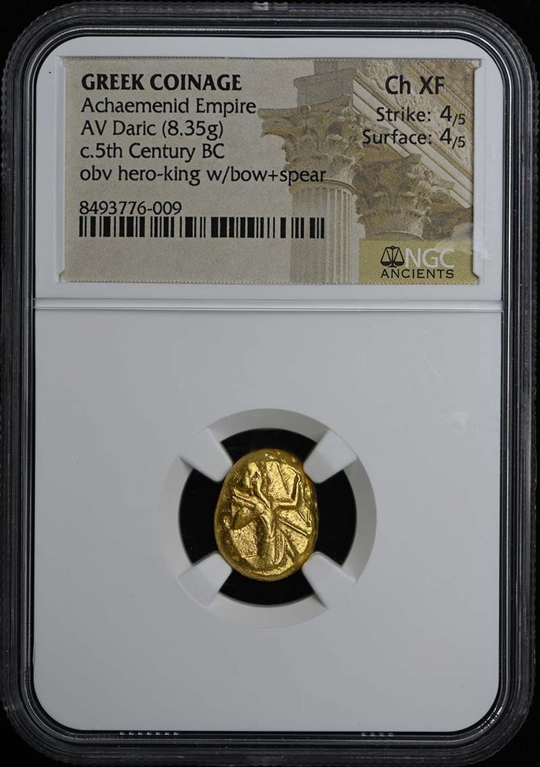 NGC Graded AV Daric Coin Ch XF 4 4 Ancient Greek: NGC Graded AV Daric Coin Ch XF 4 4 Ancient Greek A rare Achaemenid Empire Greek AV Daric coin with a weight of 8.35 grams, certified and graded Ch XF (Choice Extremely Fine) by NGC. This pre-owned coi