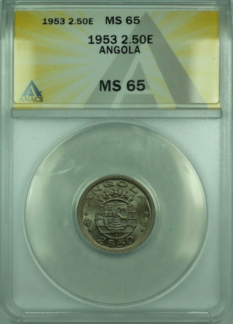 1953 Angola 2.50 Escudos ANACS MS 65 Copper-Nickel Coin KM 77: 1953 Angola 2.50 Escudos ANACS MS 65 Copper-Nickel Coin KM 77 This 1953 Angola 2.50 Escudos coin is composed of copper-nickel and has been certified by ANACS with a grade of MS 65. The coin is uncircu