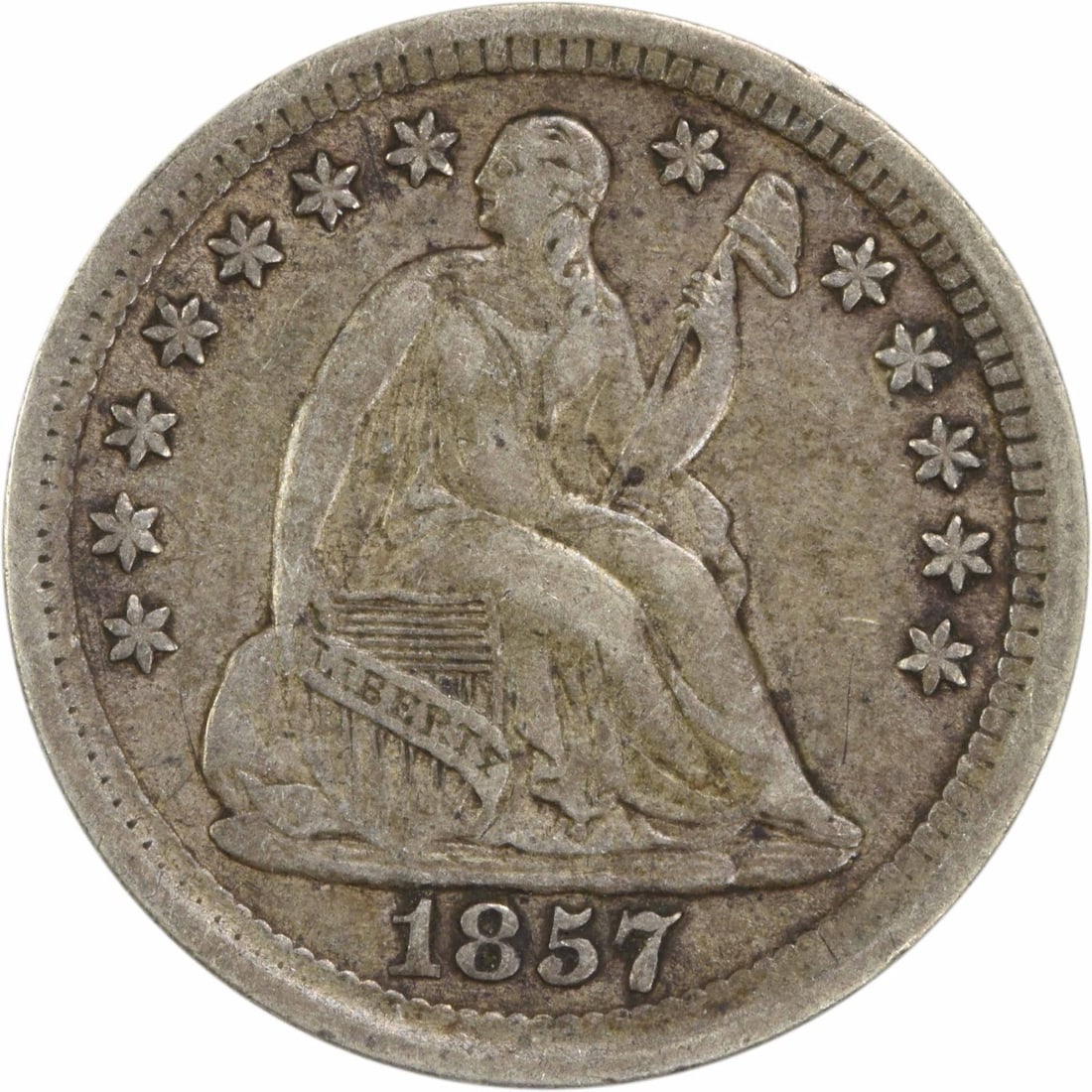 1857 Liberty Seated Half Dime EF Uncertified 90% Silver: 1857 Liberty Seated Half Dime EF Uncertified 90% Silver This 1857 Liberty Seated Silver Half Dime is a remarkable piece of numismatic history. Struck at the Philadelphia Mint, this coin features the i