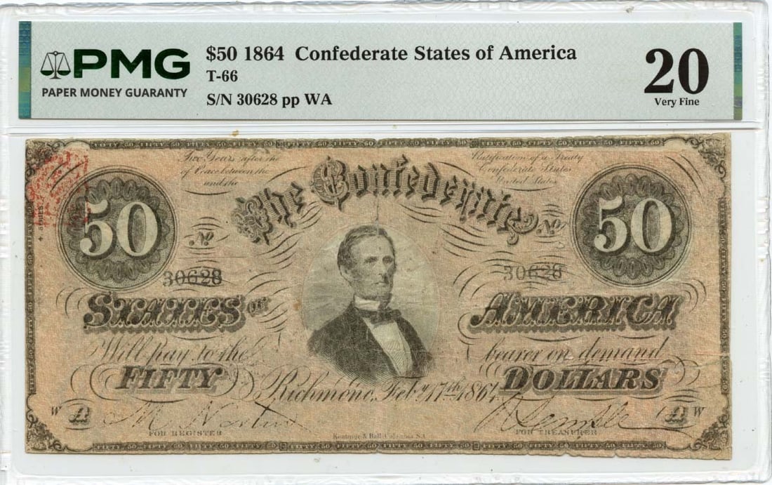1864 CSA $50 T-66 Banknote PMG VF20 with Advertisement Back: 1864 CSA $50 T-66 Banknote PMG VF20 with Advertisement Back This is an 1864 $50 Confederate States of America T-66 note, graded VF20 by PMG. The note is circulated and features an advertisement on the