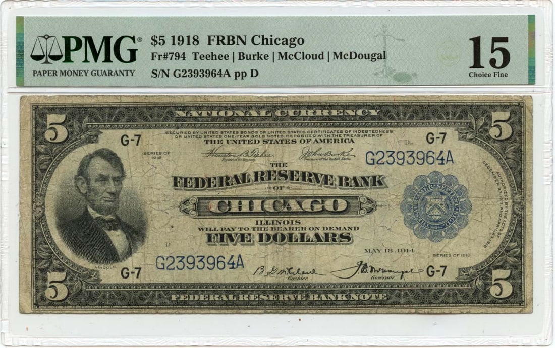 Chicago 1918 Five Dollar Federal Reserve Bank Note PMG F15 Certified (1 of 2)