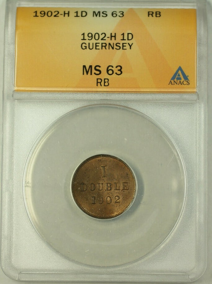 Guernsey 1902-H Bronze 1 Double MS 63 ANACS Certified Red Brown Coin: Guernsey 1902-H Bronze 1 Double MS 63 ANACS Certified Red Brown Coin This is a 1902-H Guernsey 1 Double coin composed of bronze. Certified by ANACS with a grade of MS 63 Red Brown, this uncirculated c