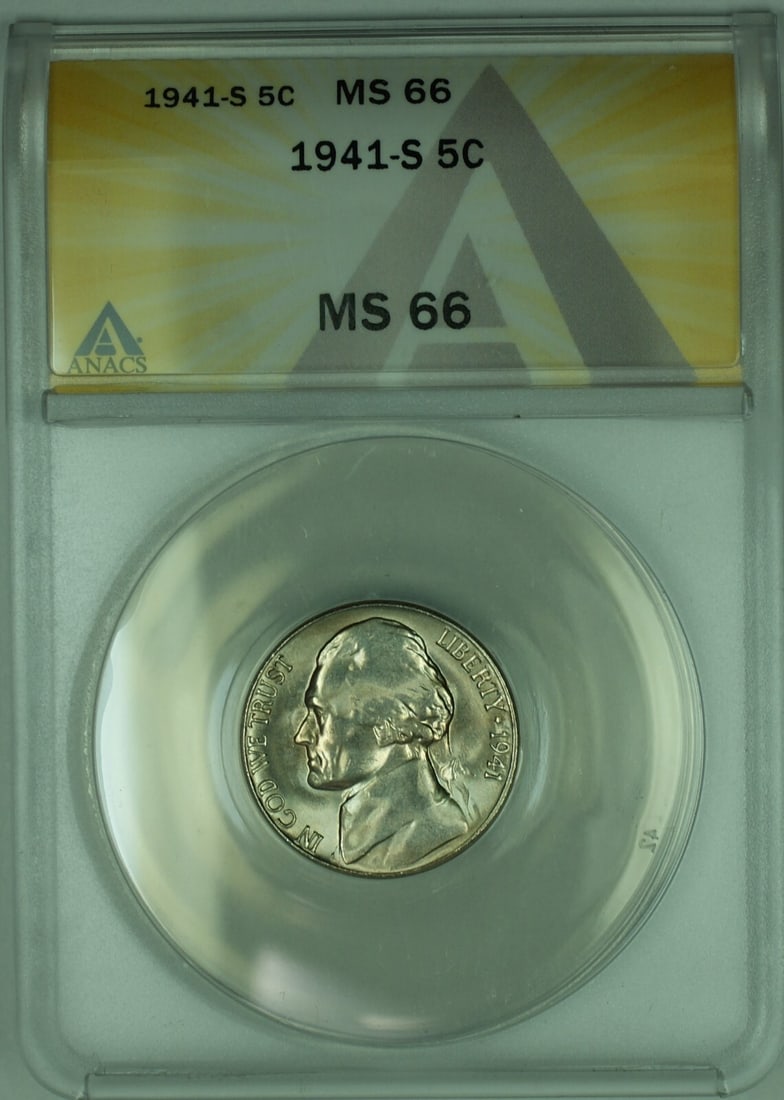 ANACS MS 66 1941-S FS-501 Jefferson Nickel Large S Five Cent Coin: ANACS MS 66 1941-S FS-501 Jefferson Nickel Large S Five Cent Coin This is a 1941-S Jefferson Nickel featuring the Large S FS-501 variety. The coin is uncirculated and graded MS 66 by ANACS. It origina