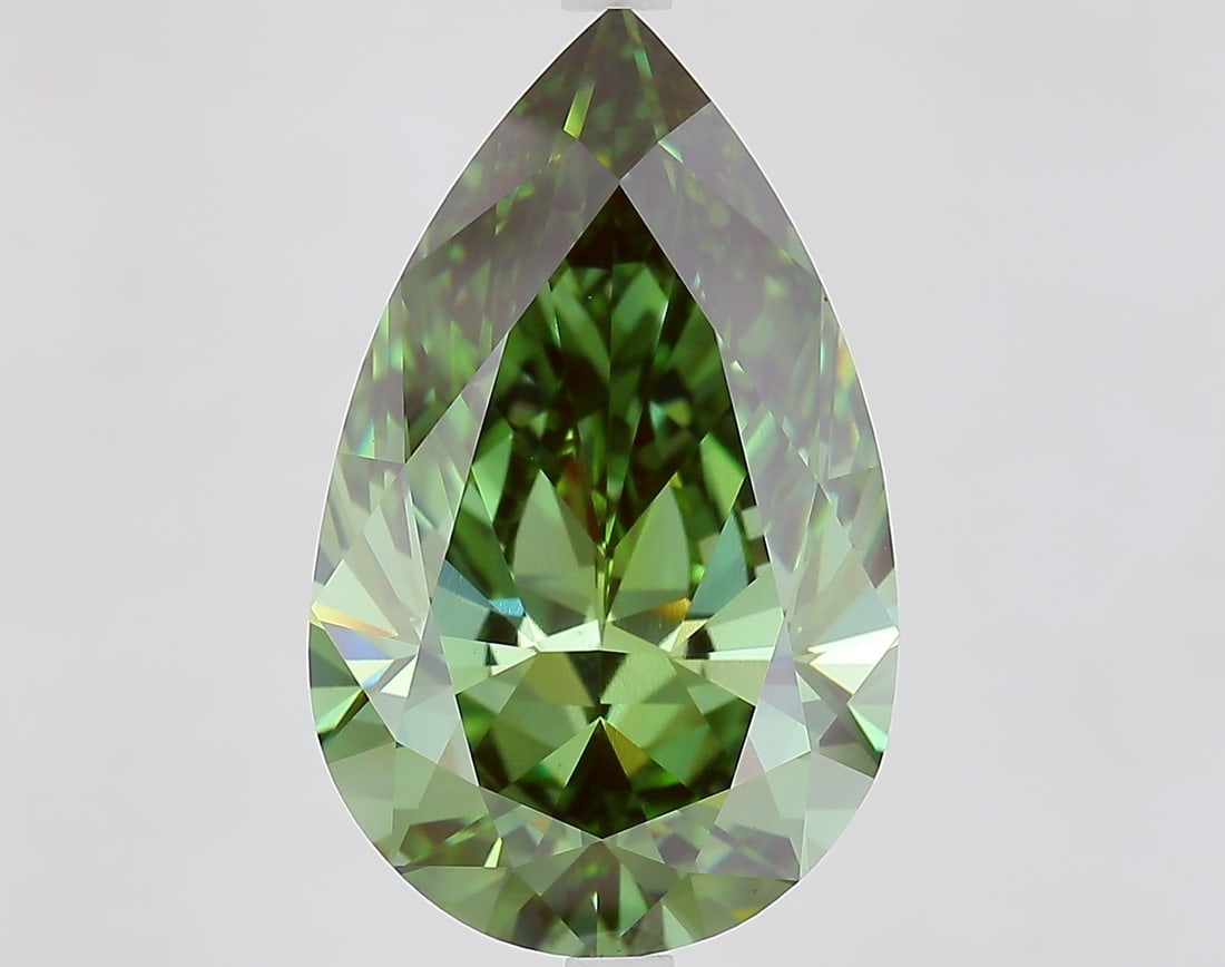 Loose Diamond - PEAR 9.01ct Fancy Vivid Green VS1: Loose Diamond - PEAR 9.01ct Fancy Vivid Green VS1 Source: This is a real non-mined Diamond that has been grown in a lab Shape: PEAR Carats: 9.01 Color: Fancy Vivid Green Certification: IGI Video: