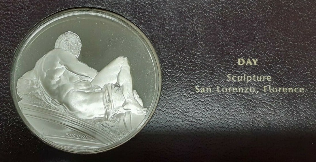 Sterling Silver Franklin Mint Michelangelo Genius Series Medal Day: Sterling Silver Franklin Mint Michelangelo Genius Series Medal Day This Franklin Mint Genius of Michelangelo proof medal, produced in 1970, features the 'Day' fresco from Michelangelo's sculptures bas