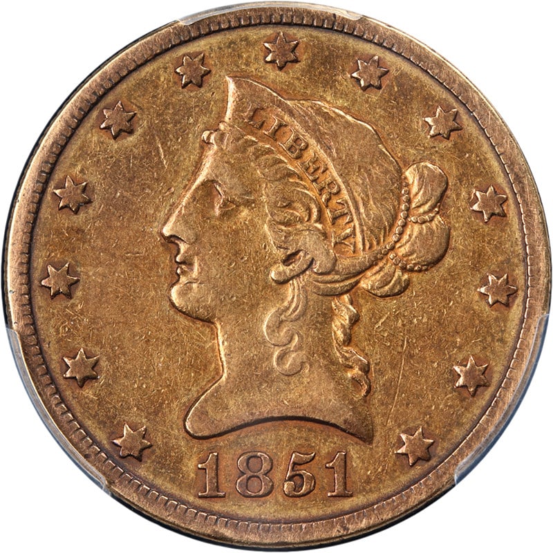 PCGS VF30 1851-O $10 Liberty Gold Eagle New Orleans Mint: PCGS VF30 1851-O $10 Liberty Gold Eagle New Orleans Mint This is an 1851-O Liberty Gold $10 coin graded VF30 by PCGS. The coin is composed of gold with a fineness of 0.9 and was minted in New Orleans.