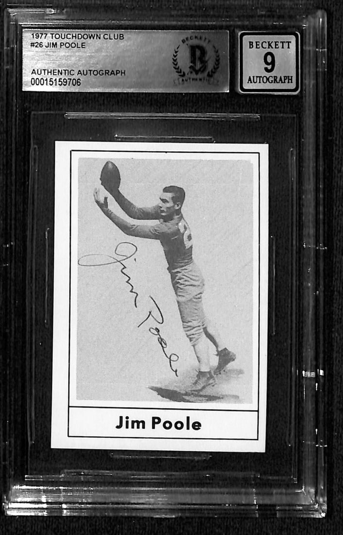 Autographed 1977 Touchdown Club #26 Jim Poole Card Beckett Grade 9: Autographed 1977 Touchdown Club #26 Jim Poole Card Beckett Grade 9 This is an original 1977 Touchdown Club #26 sports trading card, signed in black permanent ink by New York Giants wide receiver Jim P
