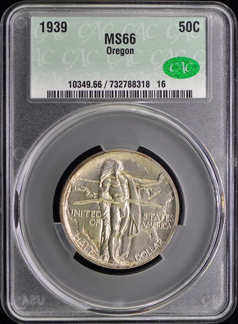 1939 Oregon 50 Cent Silver Commemorative CACG MS66 CAC Certified Coin: 1939 Oregon 50 Cent Silver Commemorative CACG MS66 CAC Certified Coin This is a 1939 Oregon 50-cent silver commemorative coin, certified by CACG with a grade of MS66 and a CAC designation. The coin wa
