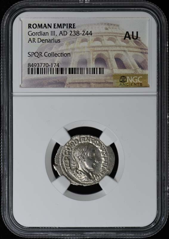 Roman Denarius Silver Coin Gordian III NGC AU50 Certified: Roman Denarius Silver Coin Gordian III NGC AU50 Certified This is a Roman Empire AR Denarius coin from the reign of Gordian III, dating from AD 238-244. The coin is certified by NGC with a grade of AU