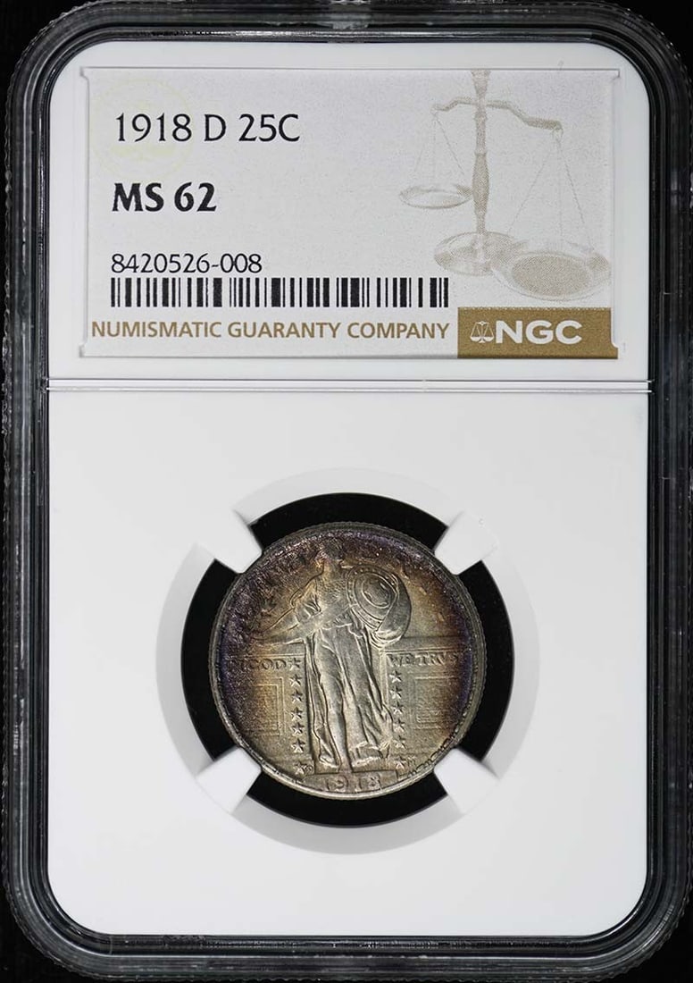 NGC MS62 1918 Denver Standing Liberty 25 Cent Coin: NGC MS62 1918 Denver Standing Liberty 25 Cent Coin This is a 1918-D Standing Liberty Quarter graded MS62 by NGC. The coin is uncirculated and originates from the Denver Mint. It is a pre-owned United