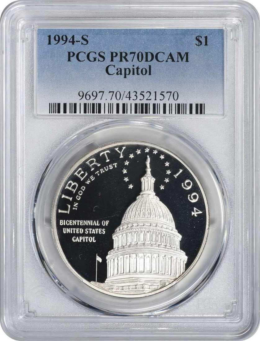 1994-S Capitol Silver Commemorative Dollar PR70DCAM PCGS Uncirculated: 1994-S Capitol Silver Commemorative Dollar PR70DCAM PCGS Uncirculated This 1994-S Capitol Silver Commemorative Dollar features a stunning Proof 70 Deep Cameo finish, certified by PCGS. Struck at the S