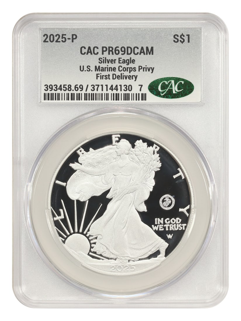2025 Silver Eagle Dollar Marine Corps Privy CACG PR69DCAM First Delivery: 2025 Silver Eagle Dollar Marine Corps Privy CACG PR69DCAM First Delivery This 2025 $1 Silver Eagle bullion coin features the U.S. Marine Corps Privy Mark in the right obverse field and was minted in P