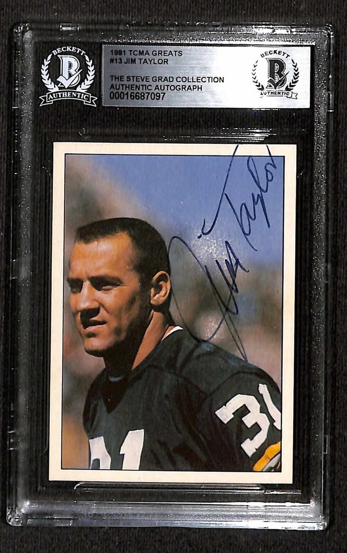 1981 TCMA Football Greats Jim Taylor Signed Card Beckett Authenticated: 1981 TCMA Football Greats Jim Taylor Signed Card Beckett Authenticated This is an original autographed 1981 TCMA Football Greats #13 card featuring Jim Taylor, a legendary member of the Green Bay Pack