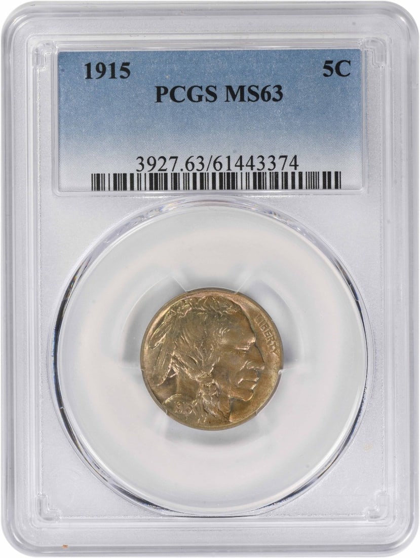 1915 United States Buffalo Five Cent Nickel PCGS MS63: 1915 United States Buffalo Five Cent Nickel PCGS MS63 This 1915 Buffalo Nickel is graded MS63 by PCGS. Struck in nickel, this uncirculated 5-cent coin was minted in the United States with no mint mark