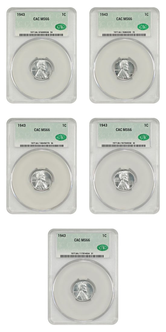 Group of 1943 Lincoln Wheat Steel Cents CACG MS66 Certified: Group of 1943 Lincoln Wheat Steel Cents CACG MS66 Certified This lot features uncirculated 1943 Lincoln Cents with the Wheat Reverse, recognized as the popular steel cents produced during World War II