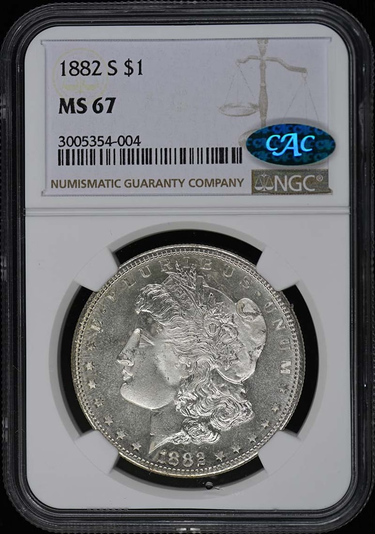 1882-S Morgan Dollar NGC MS67 CAC San Francisco Uncirculated: 1882-S Morgan Dollar NGC MS67 CAC San Francisco Uncirculated This stunning 1882-S Morgan Dollar is a remarkable example of American coinage, graded MS67 by NGC, ensuring its uncirculated condition. Mi