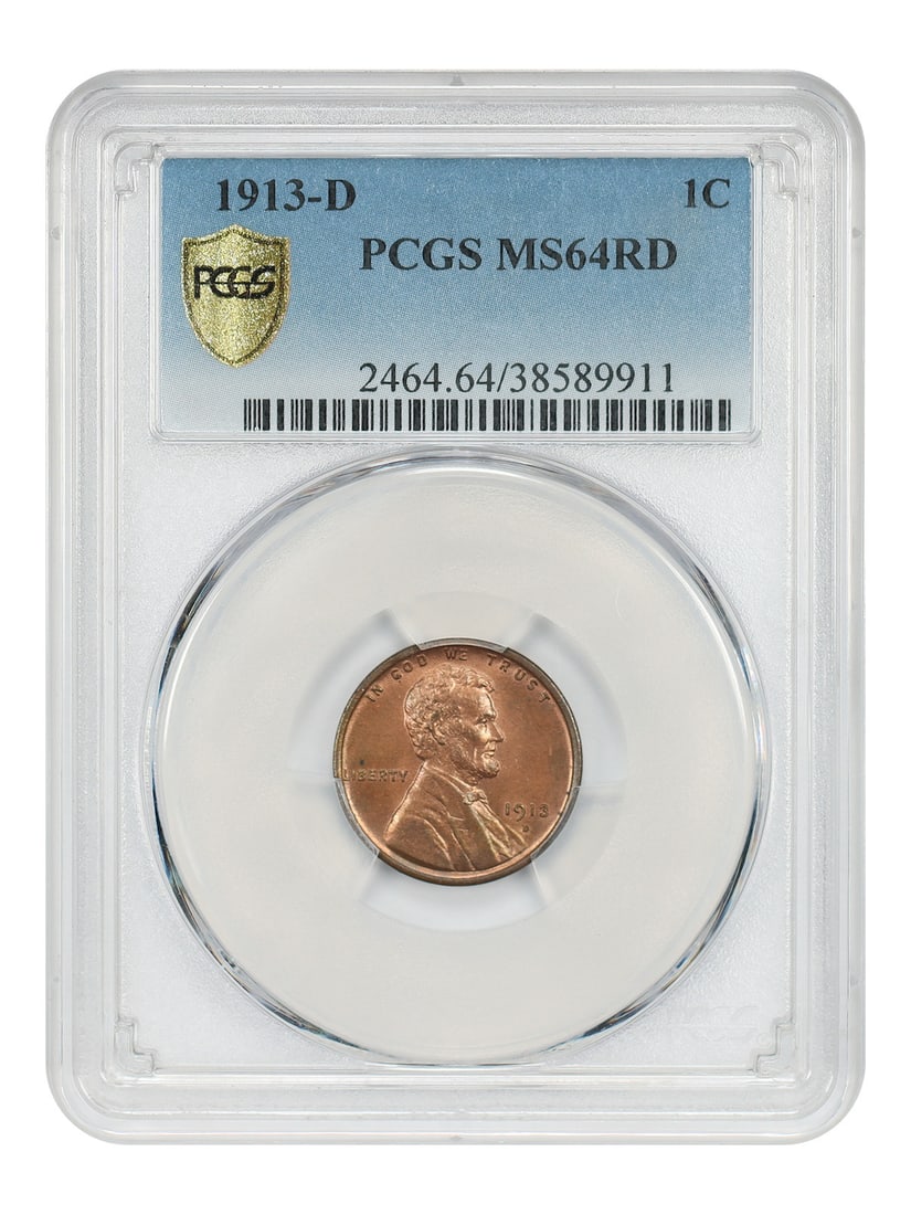 1913 Denver Lincoln Wheat Cent PCGS MS64RD Red Uncirculated One Cent Coin: 1913 Denver Lincoln Wheat Cent PCGS MS64RD Red Uncirculated One Cent Coin This 1913-D Lincoln Cent (Wheat Reverse) is graded MS64RD by PCGS, indicating an uncirculated coin with full mint red colorati