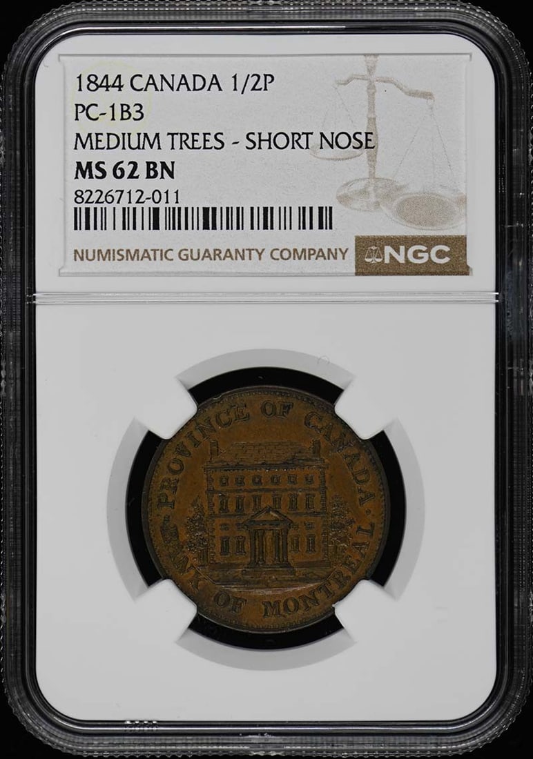 1844 Canada Bank of Montreal Half Penny NGC MS62BN: 1844 Canada Bank of Montreal Half Penny NGC MS62BN This 1844 Canada PC-1B3 1/2P is a remarkable piece of numismatic history, certified by NGC with a grade of MS62BN, indicating its uncirculated condit