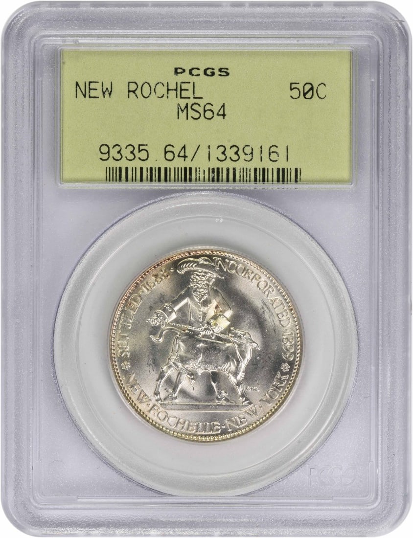 1938 Commemorative US Half Dollar MS64 PCGS Certified Silver Coin: 1938 Commemorative US Half Dollar MS64 PCGS Certified Silver Coin This 1938 New Rochelle Commemorative Half Dollar is graded MS64 by PCGS. Struck in Philadelphia, it features a composition of 90% silv