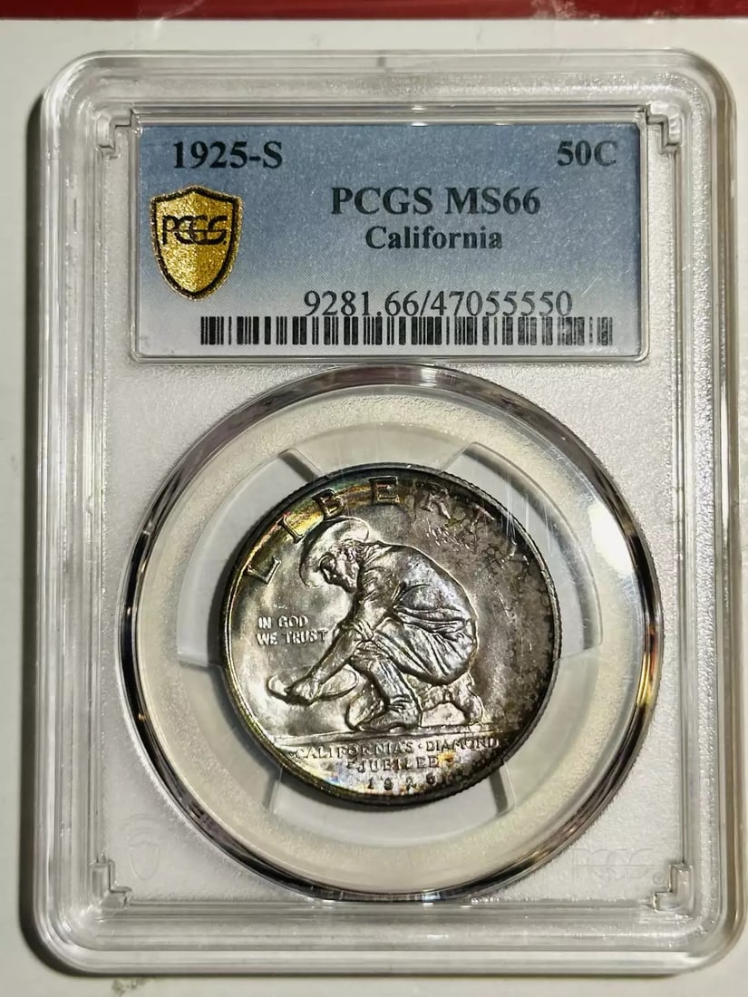1925 San Francisco Silver Dollar MS66 with PCGS Certification Rainbow Toned: 1925 San Francisco Silver Dollar MS66 with PCGS Certification Rainbow Toned This 1925 S California commemorative dollar is certified by PCGS with a grade of MS 66. Struck in silver at the San Francisc