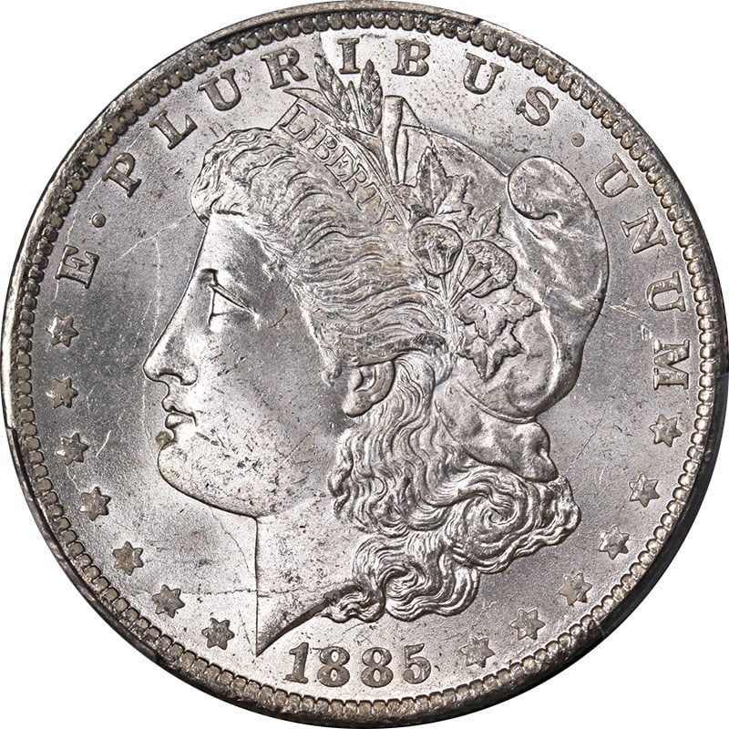 1885-O Morgan Silver Dollar VAM 25A PCGS MS65 Uncirculated Coin: 1885-O Morgan Silver Dollar VAM 25A PCGS MS65 Uncirculated Coin This stunning 1885-O Morgan Silver Dollar showcases exceptional eye appeal, featuring a brilliant white finish and impressive luster. Gr