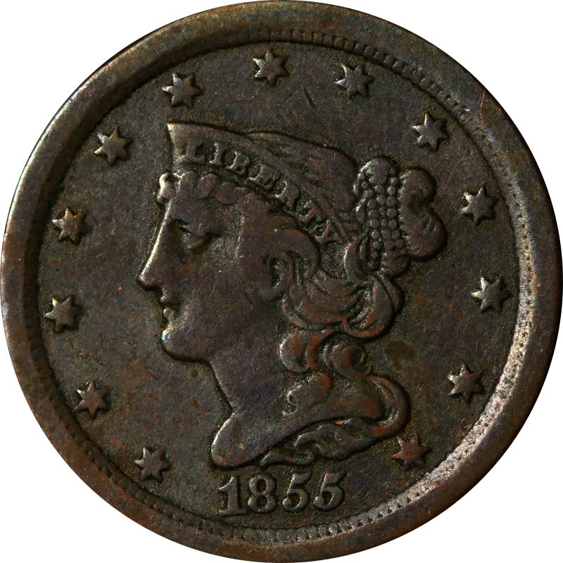 1855 United States Copper Half Cent Braided Hair Issue: 1855 United States Copper Half Cent Braided Hair Issue This is an 1855 Braided Hair Half Cent from the United States, composed of copper. The coin is circulated and in pre-owned condition. It is uncer